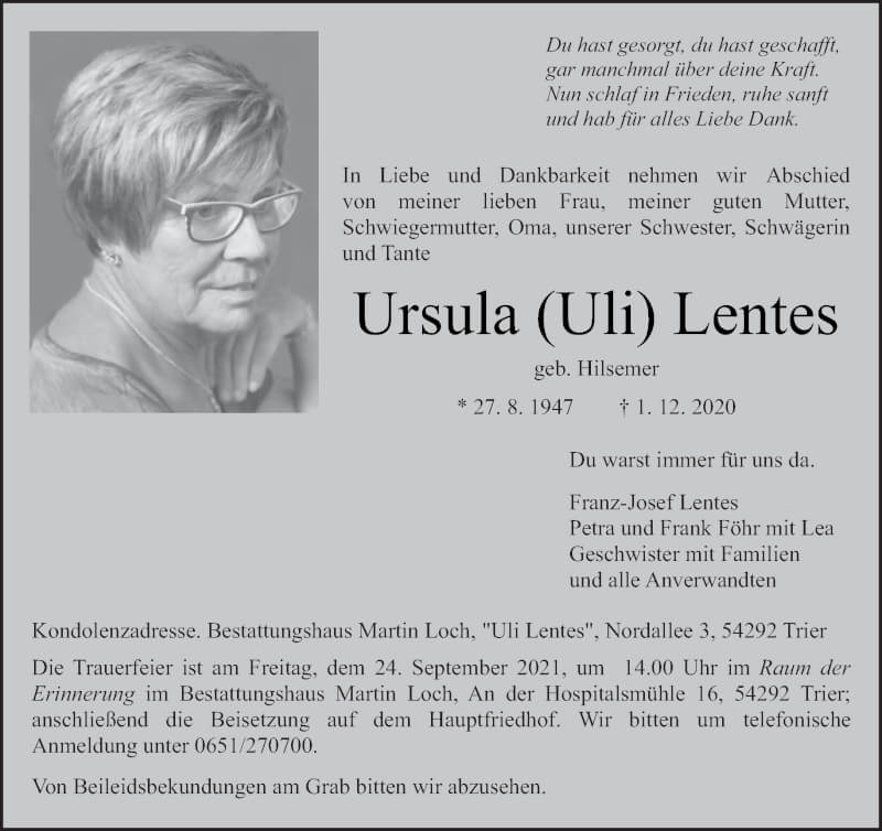  Traueranzeige für Ursula Lentes vom 18.09.2021 aus trierischer_volksfreund