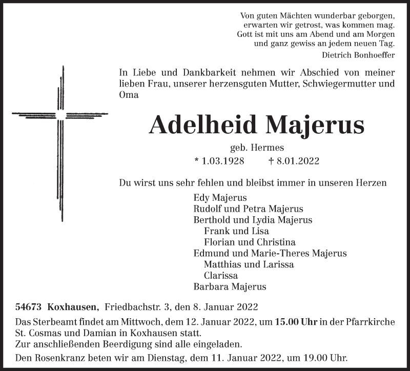  Traueranzeige für Adelheid Majerus vom 10.01.2022 aus trierischer_volksfreund