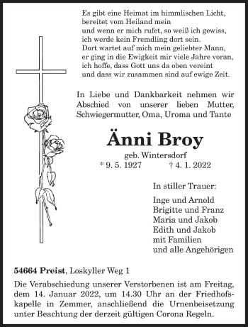 Traueranzeige von Änni Broy von trierischer_volksfreund