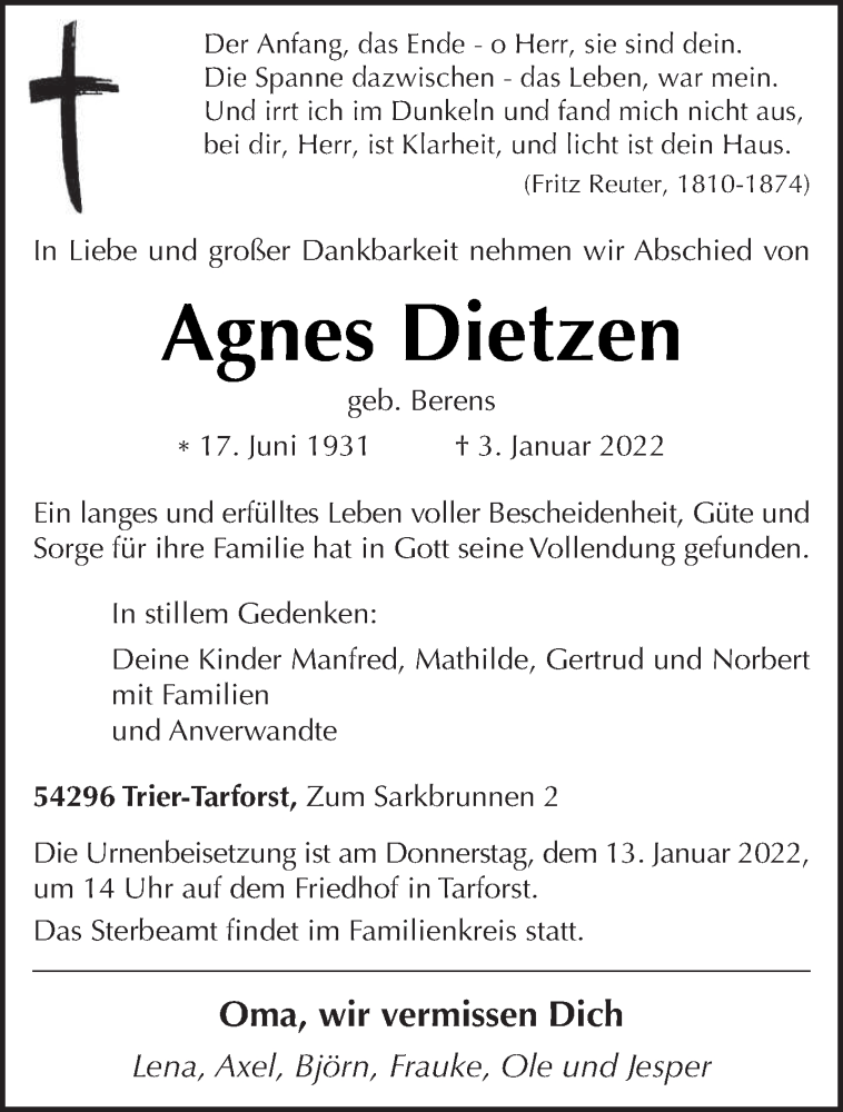  Traueranzeige für Agnes Dietzen vom 07.01.2022 aus trierischer_volksfreund