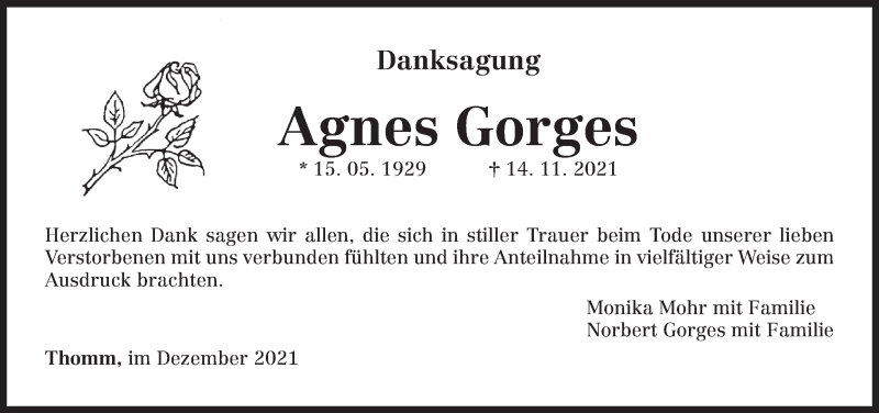  Traueranzeige für Agnes Gorges vom 31.12.2021 aus trierischer_volksfreund