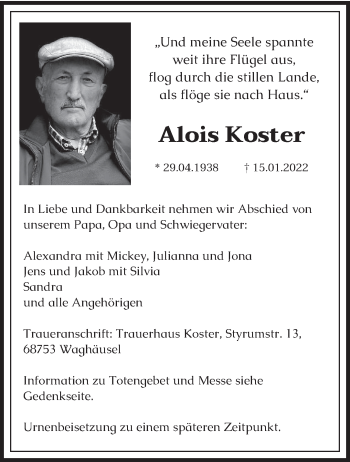Traueranzeige von Alois Koster von trierischer_volksfreund