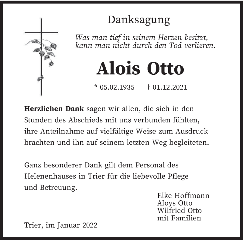  Traueranzeige für Alois Otto vom 08.01.2022 aus trierischer_volksfreund
