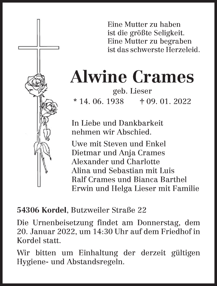  Traueranzeige für Alwine Crames vom 15.01.2022 aus trierischer_volksfreund