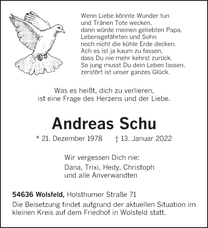  Traueranzeige für Andreas Schu vom 17.01.2022 aus trierischer_volksfreund