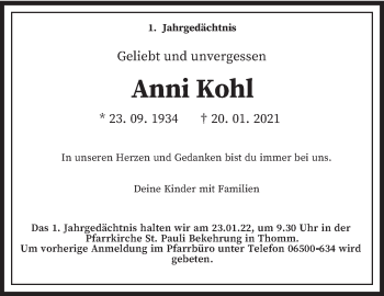 Traueranzeige von Anni Kohl von trierischer_volksfreund