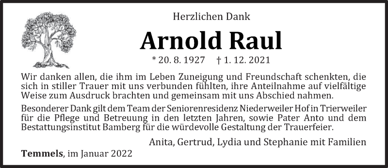 Traueranzeige für Arnold Raul vom 15.01.2022 aus trierischer_volksfreund