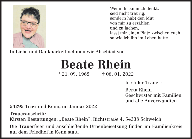  Traueranzeige für Beate Rhein vom 12.01.2022 aus trierischer_volksfreund