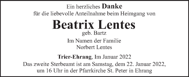  Traueranzeige für Beatrix Lentes vom 19.01.2022 aus trierischer_volksfreund