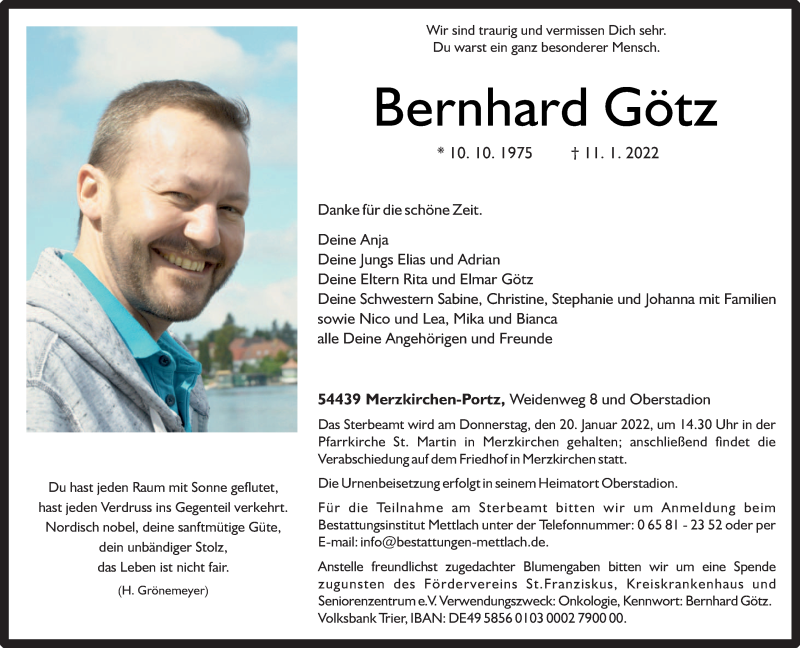  Traueranzeige für Bernhard Götz vom 17.01.2022 aus trierischer_volksfreund