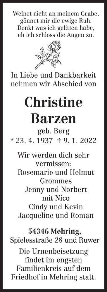  Traueranzeige für Christine Barzen vom 17.01.2022 aus trierischer_volksfreund
