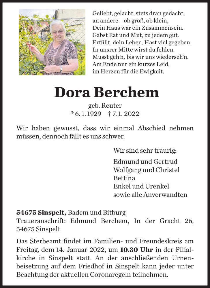  Traueranzeige für Dora Berchem vom 12.01.2022 aus trierischer_volksfreund