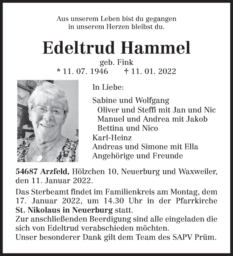  Traueranzeige für Edeltrud Hammel vom 15.01.2022 aus trierischer_volksfreund