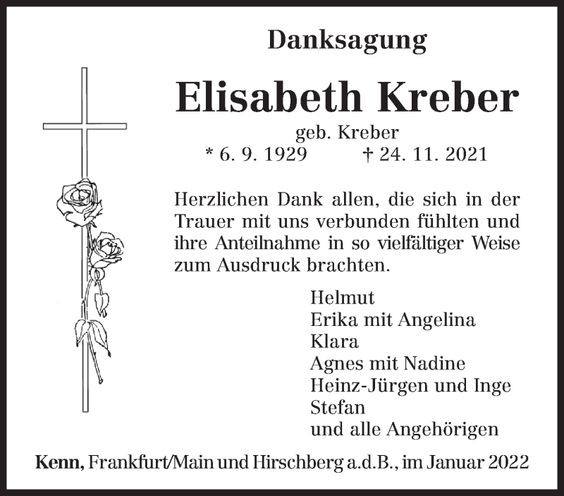  Traueranzeige für Elisabeth Kreber vom 08.01.2022 aus trierischer_volksfreund