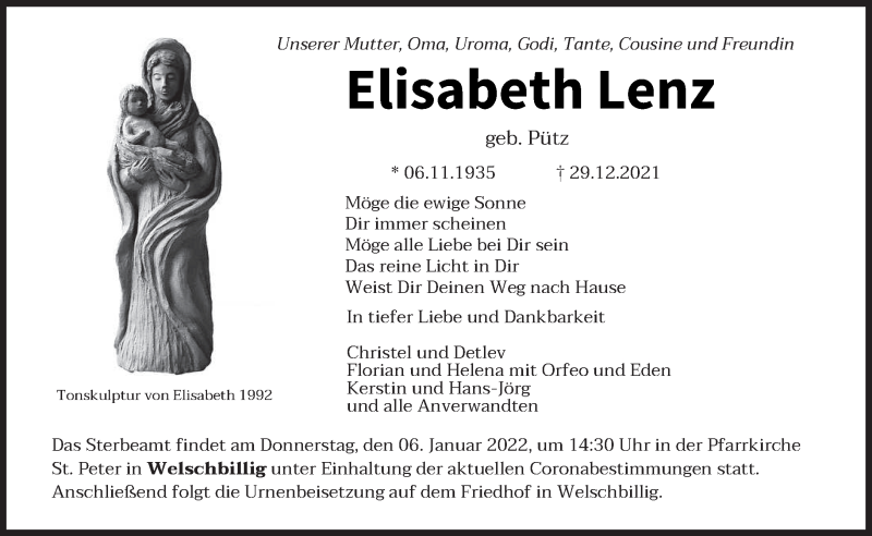  Traueranzeige für Elisabeth Lenz vom 04.01.2022 aus trierischer_volksfreund
