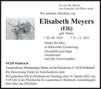 Traueranzeige von Elisabeth Meyers von trierischer_volksfreund