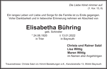 Traueranzeige von Elisabetha Bühring von trierischer_volksfreund