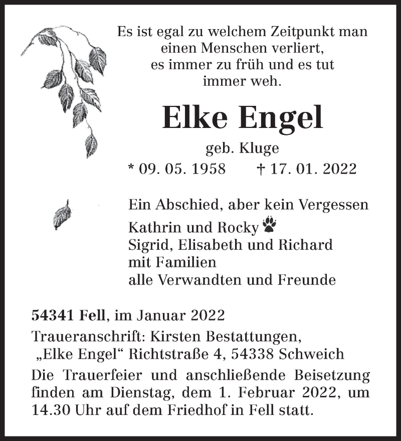  Traueranzeige für Elke Engel vom 26.01.2022 aus trierischer_volksfreund