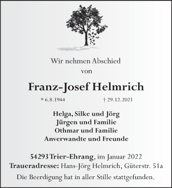 Traueranzeige von Franz-Josef Helmrich von trierischer_volksfreund