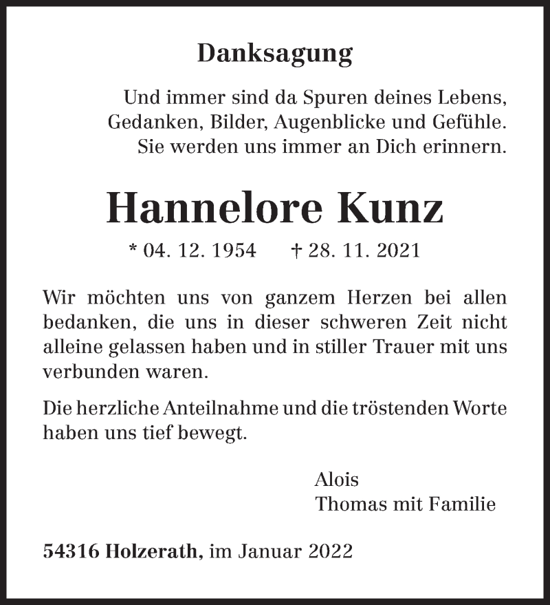  Traueranzeige für Hannelore Kunz vom 26.01.2022 aus trierischer_volksfreund