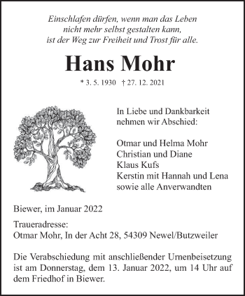 Traueranzeige von Hans Mohr von trierischer_volksfreund