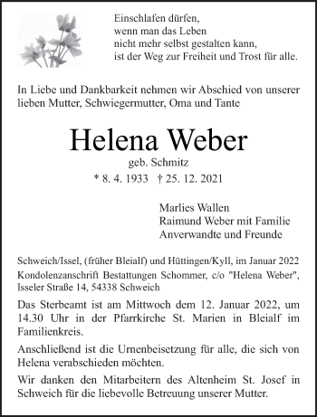 Traueranzeige von Helena Weber von trierischer_volksfreund