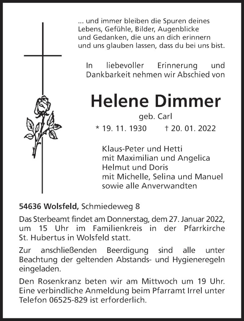  Traueranzeige für Helene Dimmer vom 22.01.2022 aus trierischer_volksfreund