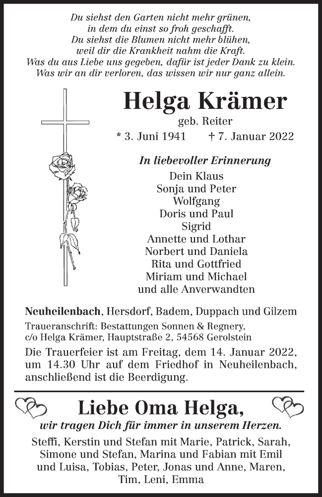  Traueranzeige für Helga Krämer vom 12.01.2022 aus trierischer_volksfreund