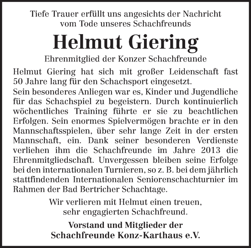  Traueranzeige für Helmut Giering vom 08.01.2022 aus trierischer_volksfreund