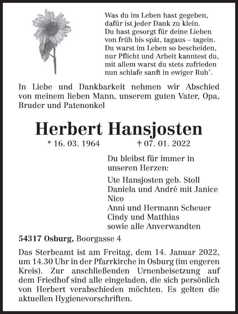  Traueranzeige für Herbert Hansjosten vom 11.01.2022 aus trierischer_volksfreund