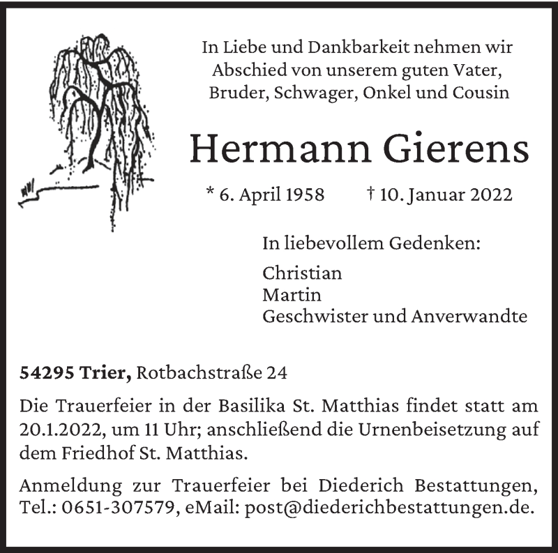  Traueranzeige für Hermann Gierens vom 15.01.2022 aus trierischer_volksfreund