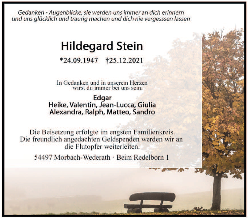  Traueranzeige für Hildegard Stein vom 08.01.2022 aus trierischer_volksfreund