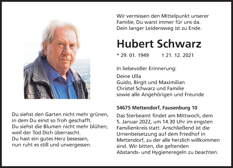  Traueranzeige für Hubert Schwarz vom 31.12.2021 aus trierischer_volksfreund