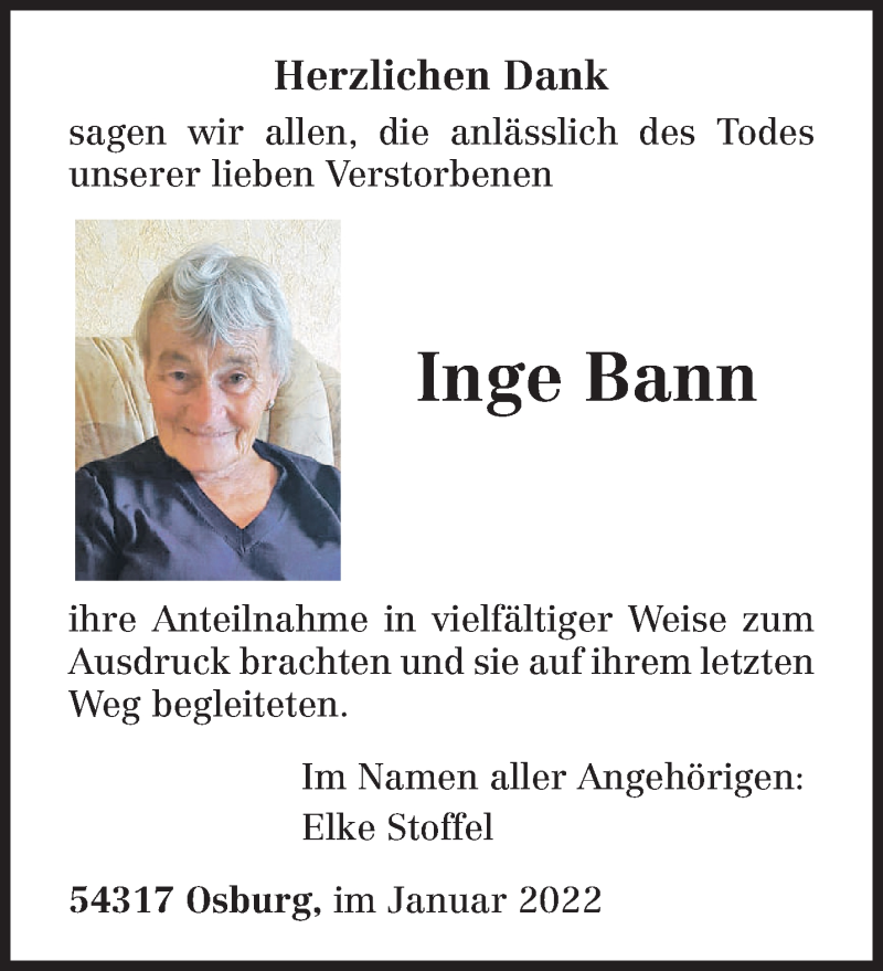  Traueranzeige für Inge Bann vom 14.01.2022 aus trierischer_volksfreund