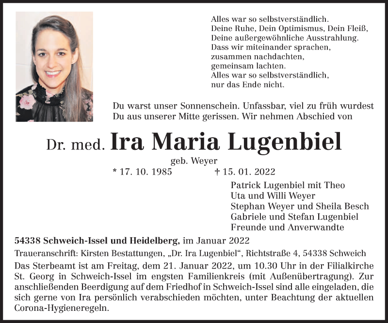 Traueranzeige für Ira Maria Lugenbiel vom 19.01.2022 aus trierischer_volksfreund