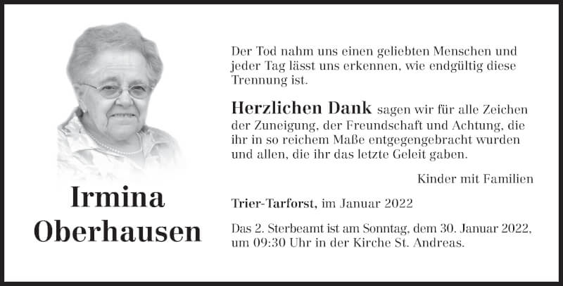  Traueranzeige für Irmina Oberhausen vom 22.01.2022 aus trierischer_volksfreund
