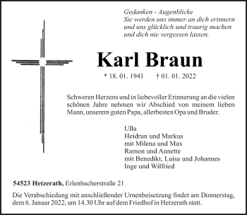 Traueranzeige von Karl Braun von trierischer_volksfreund