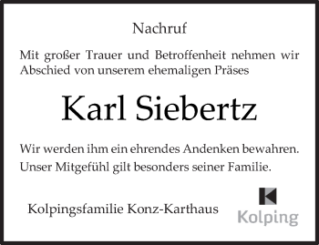 Traueranzeige von Karl Siebertz von trierischer_volksfreund