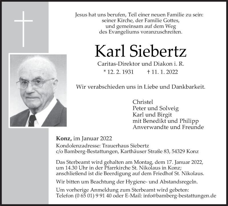  Traueranzeige für Karl Siebertz vom 13.01.2022 aus trierischer_volksfreund