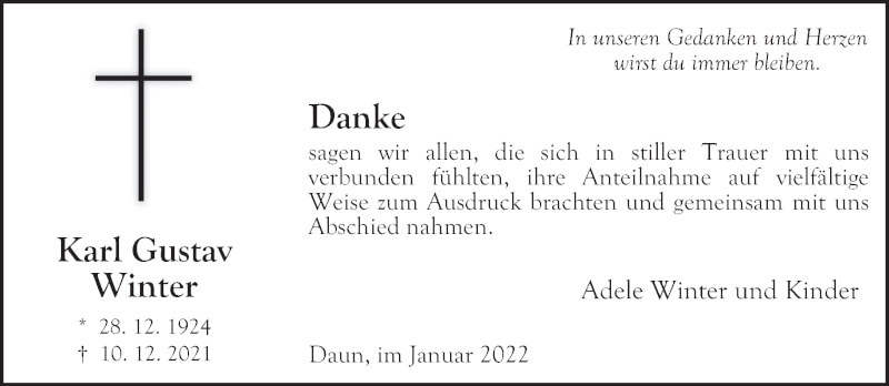  Traueranzeige für Karl Gustav Winter vom 22.01.2022 aus trierischer_volksfreund