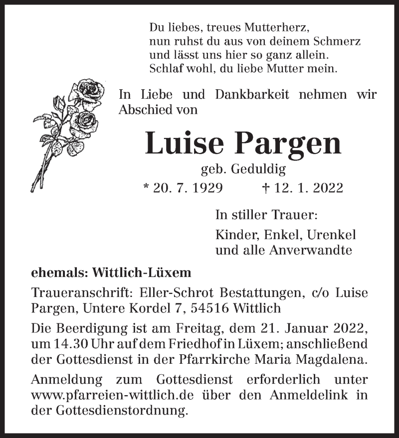  Traueranzeige für Luise Pargen vom 15.01.2022 aus trierischer_volksfreund