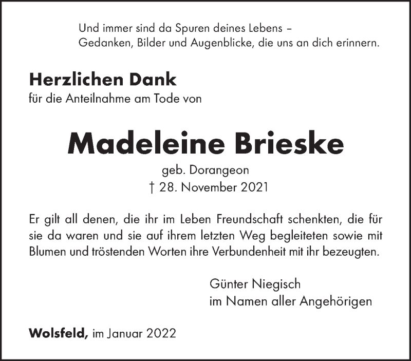  Traueranzeige für Madeleine Brieske vom 08.01.2022 aus trierischer_volksfreund