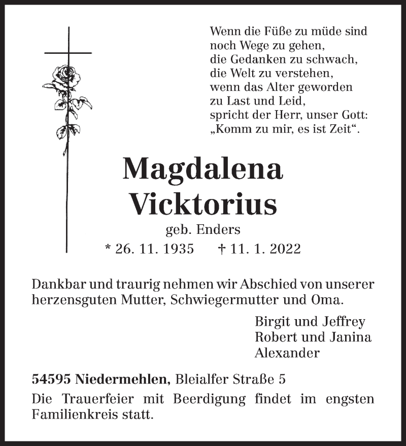  Traueranzeige für Magdalena Vicktorius vom 15.01.2022 aus trierischer_volksfreund