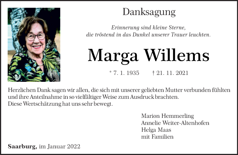  Traueranzeige für Marga Willems vom 15.01.2022 aus trierischer_volksfreund