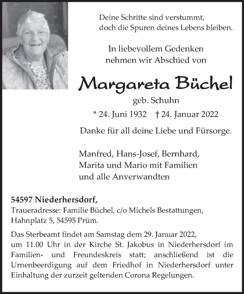  Traueranzeige für Margareta Büchel vom 26.01.2022 aus trierischer_volksfreund