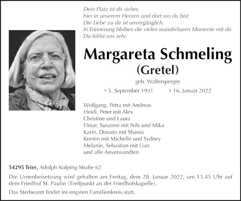  Traueranzeige für Margareta Schmeling vom 22.01.2022 aus trierischer_volksfreund