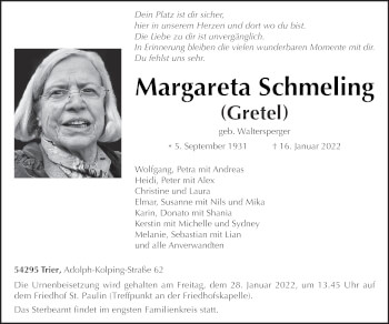 Traueranzeige von Margareta Schmeling von trierischer_volksfreund