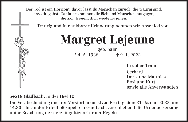  Traueranzeige für Margret Lejeune vom 18.01.2022 aus trierischer_volksfreund