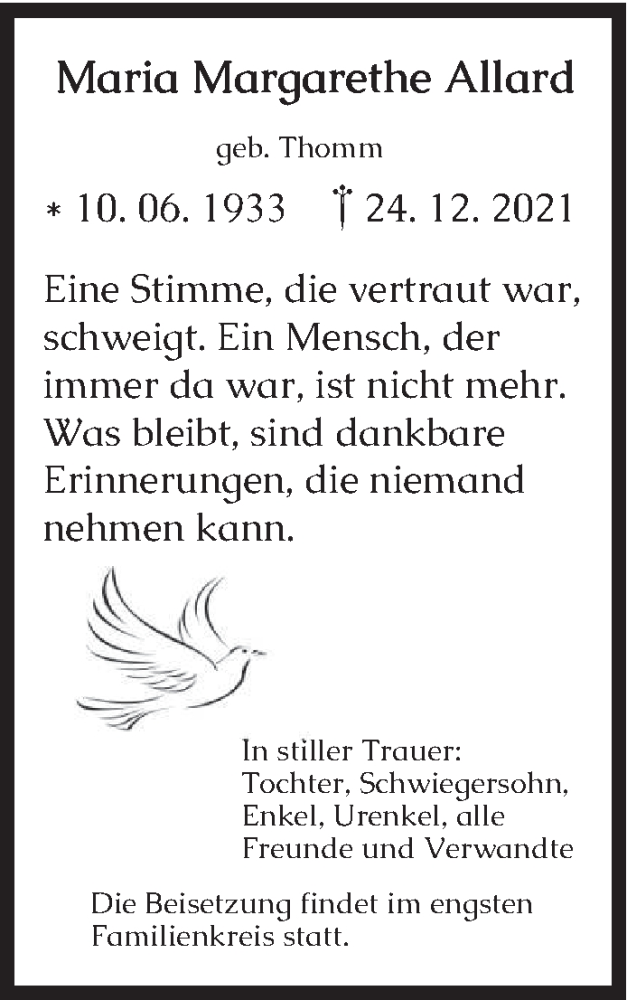  Traueranzeige für Maria Margarethe Allard vom 31.12.2021 aus trierischer_volksfreund