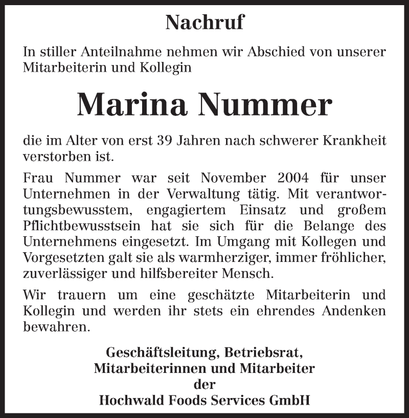  Traueranzeige für Marina Nummer vom 31.12.2021 aus trierischer_volksfreund